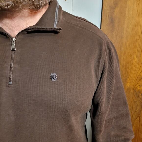 IZOD Men Brown Quarter Zip Sweater Large Cotton 3D Chest Logo Collared Old Money - Picture 4 of 10